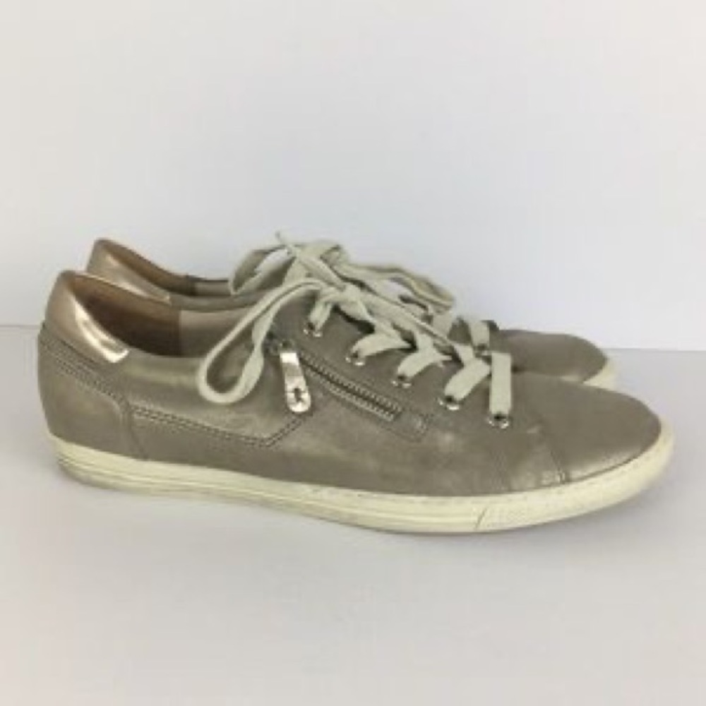 Paul Green Lace Up Zip Leather Sneakers in Tan/Gold/Pewter